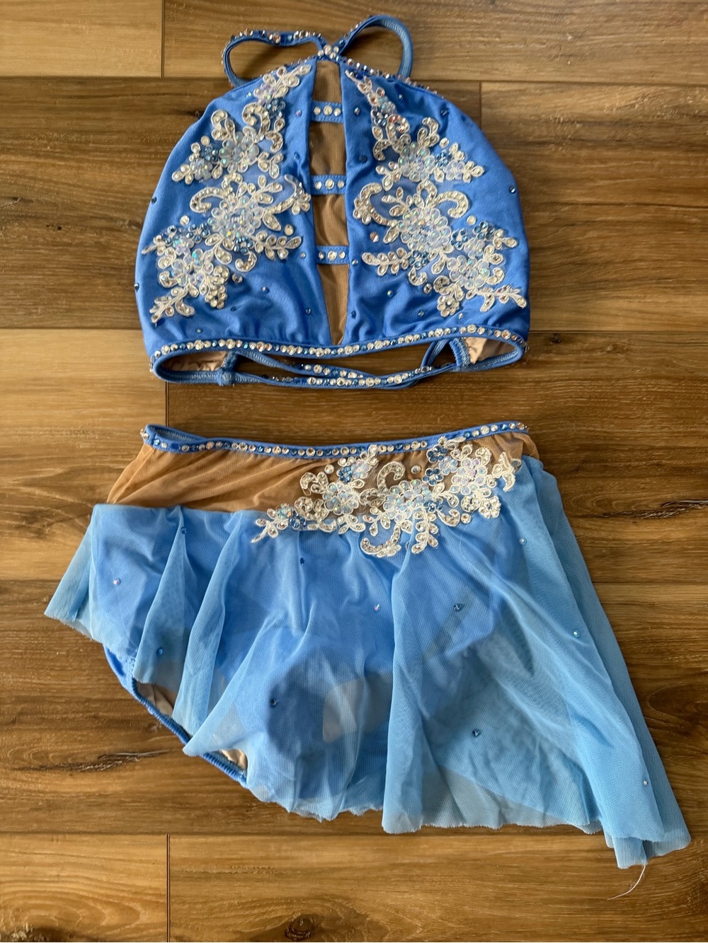 Blue Two-Piece Dance Costume with Lace Appliqué adult small EUC one of a kind